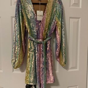 Sequin mock wrap bubble sleeve dress